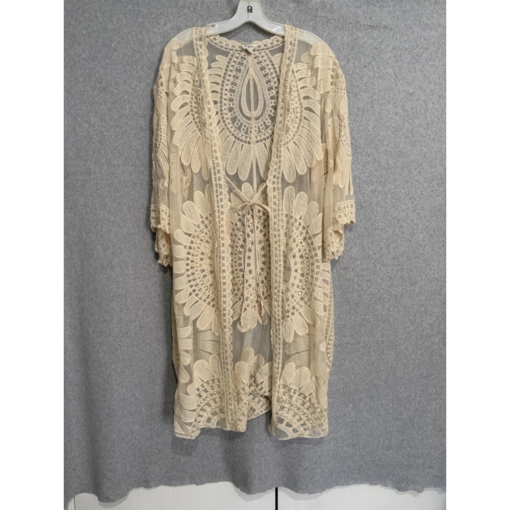 Umgee Kimono Jacket Womens Medium White Lace Embroidered Sheer Tie Boho Duster